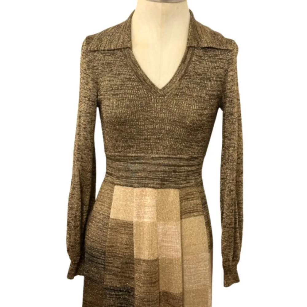 Vtg 70s Ian By Shayne Gold Black Metallic Knit Dress 7/8_2